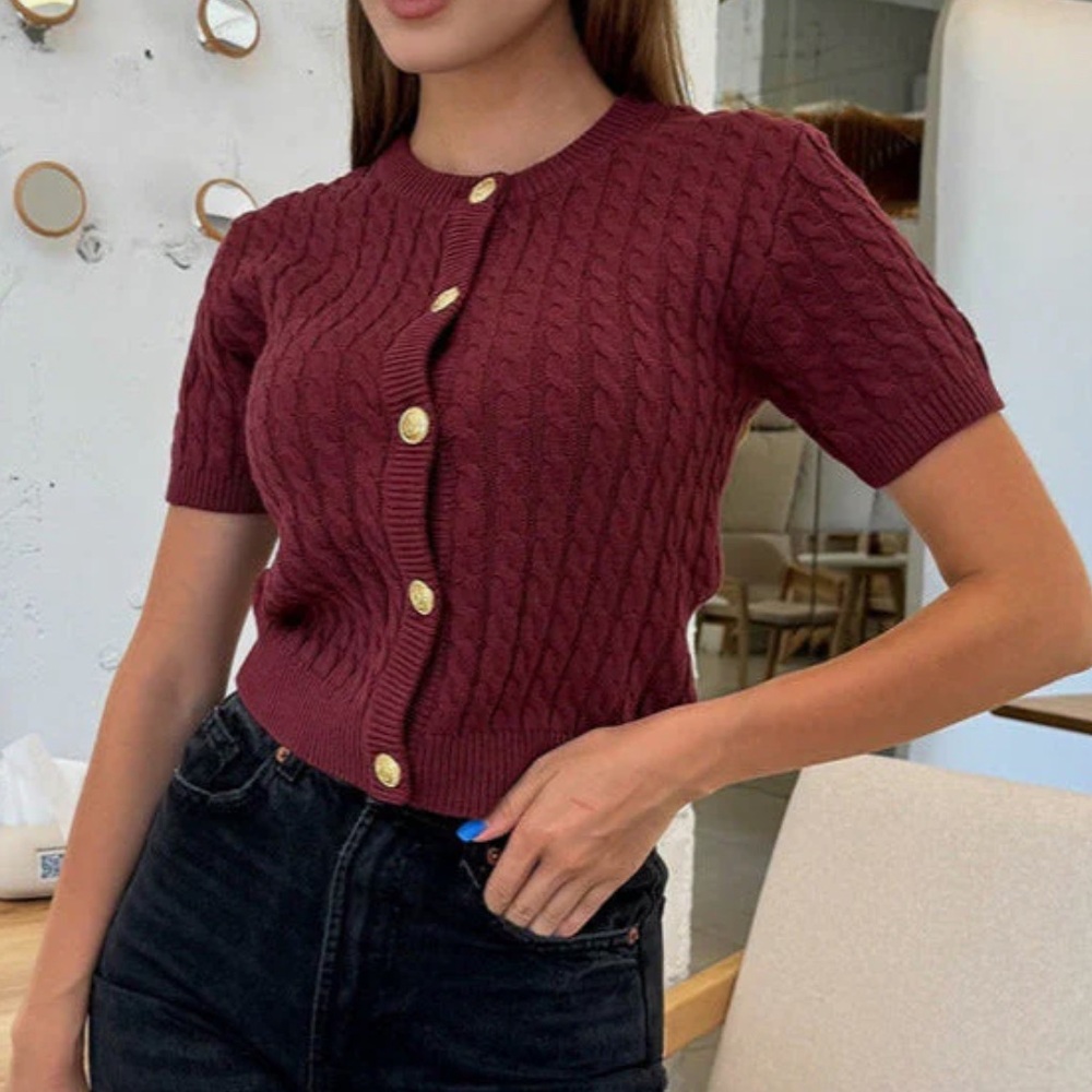 Burgundy Cable Knit Button Cardigan